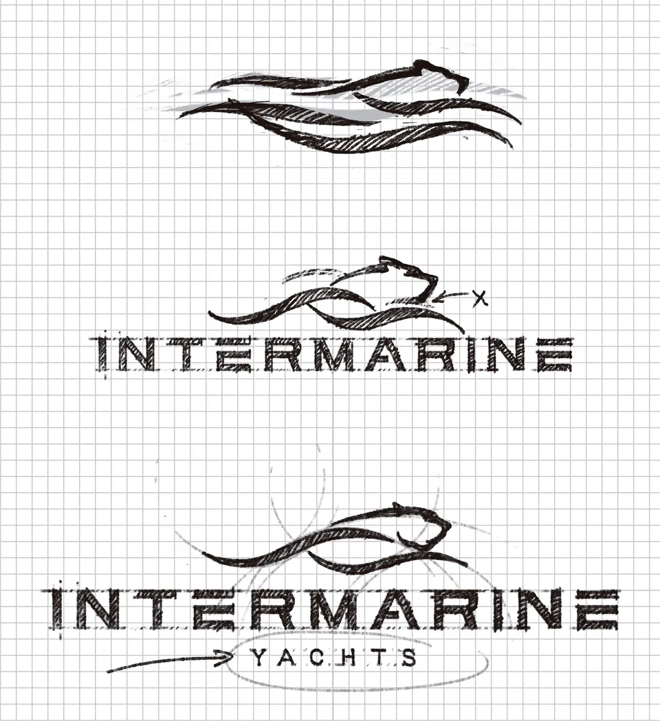Folhas de estudo do logotipo da Intermarine, a lápis sobre papel milimetrado, com quatro versões da pantera